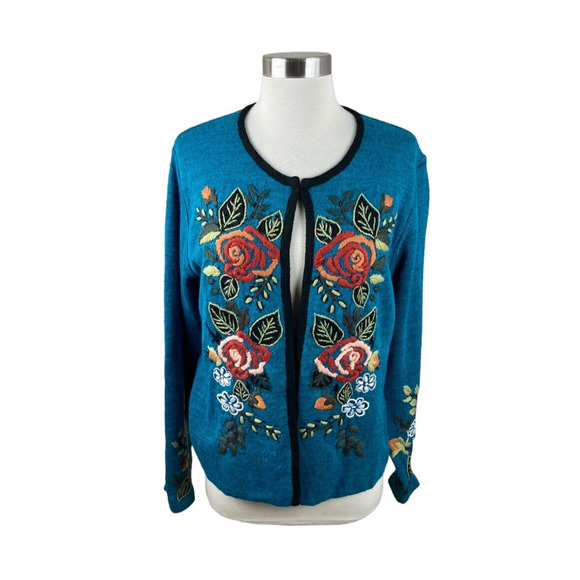 Tey-Art Peru Alpaca Floral Embroidered Cardigan Sweater Size Medium